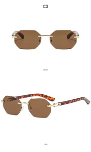 Fashion rimless polygon women sunglasses with brown gradient lenses and chic leopard temples