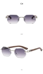 Chic rimless polygon sunglasses for women with gradient lenses and stylish wood texture temples.