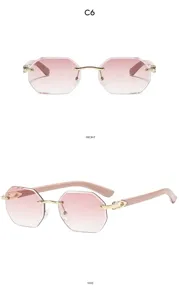 Frameless polygonal sunglasses for women with pink gradient lenses and chic gold metal details.