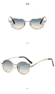 Metalen ronde cat-eye vintage zonnebril detailweergave, verlooplenzen, stijlvol.