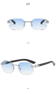 Rimless polygonal women sunglasses with gradient blue lenses and stylish metal frame design.