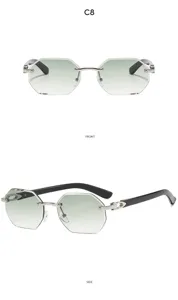 Stylish rimless polygonal women sunglasses featuring gradient lenses and cut edge detail view.