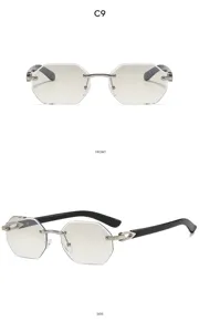 Rimless polygonal sunglasses for women, stylish cut edge sun glasses for daily street wear.