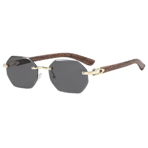 Fashion rimless polygonal women sunglasses with chic wooden temples and gradient lenses for street style.