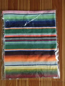 Detailed view of Mexican style colorful striped woven blanket texture and edge stitching.