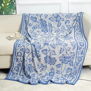 Blue and grey floral jacquard throw blanket, soft woven nap blanket for sofa, bed and travel use.