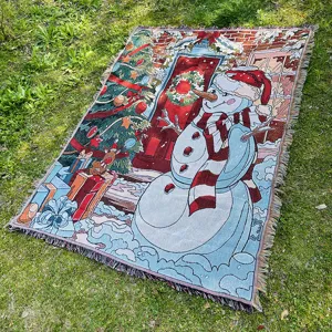 Weihnachten Gewebte Decke Sofadecke Wandteppich Cartoon Schneemann Bär Familie Muster Fransen Camping Decke Heimdekoration