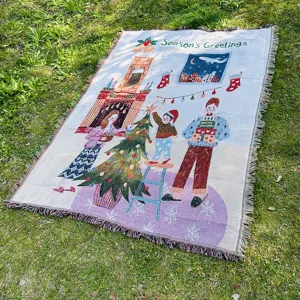 Weihnachten gewebte Wohndecke mit Fransen, festliche Familienmuster dekorativer Teppich.