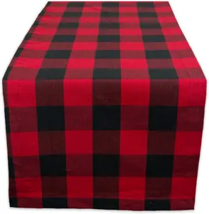 Red and black plaid table runner for modern home kitchen dining table holiday party decoration.