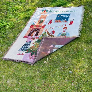 Weihnachten gewebte Decke weicher Ueberwurf Wandteppich mit Kamin und Baum Muster fuer Sofadeko