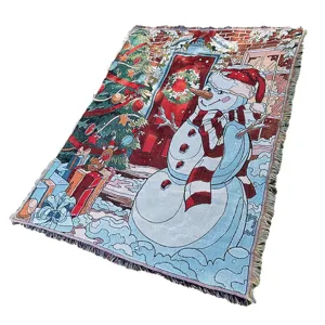 Weihnachten gewebte Decke mit niedlichem Schneemann Muster, Fransen Wohndecke für Sofa und Bett.