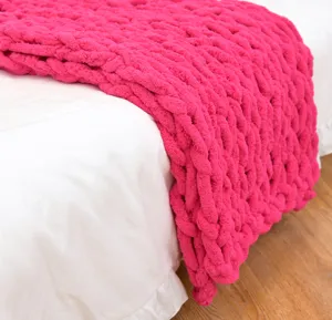 Rosa grob gestrickte Decke Chenille handgefertigt Überwurf für Sofa Schlafzimmer Deko