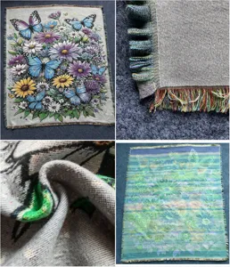 Woven jacquard blanket featuring beautiful butterfly and floral patterns with fringe details.