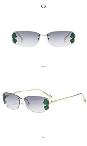 Lunettes de soleil carrées sans monture chic avec verres dégradés et charms de feuilles.