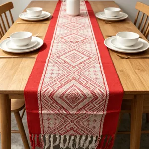 Chemin de table rouge et blanc avec franges, motif géométrique en coton et lin pour déco.