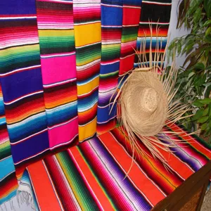 Mexican rainbow stripe blanket fabric, vibrant boho cotton textile for party decor and DIY.
