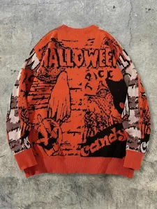 Maglione in maglia arancione Halloween fantasma zucca vista dettagliata con stile spettrale.