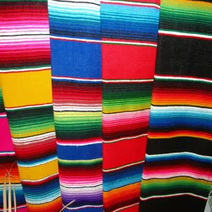 Close-up detail of traditional Mexican serape colorful striped cotton fabric texture.