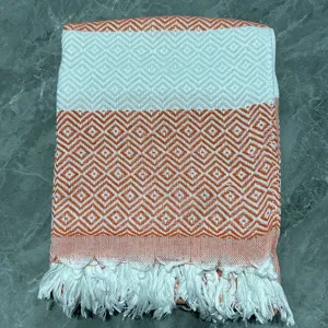 Turks jacquard strandlaken katoenmix geweven ruitpatroon deken met decoratieve franjes