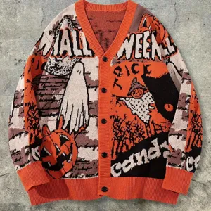 Cardigan in maglia arancione di Halloween con motivo di fantasma zucca scollo a V bottoni