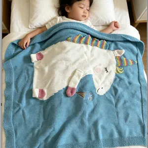 Handgemachte Einhorn Strick Babydecke Kunstkaschmir Kinder Bettdecke Süßes Cartoon Tier Design Kinderwagen Decke