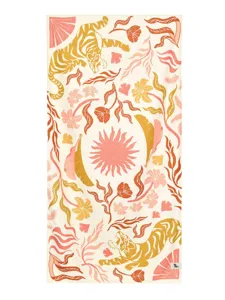 Detailed view of the tropical tiger print beach towel showing vibrant floral and sun art.