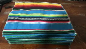 Mexican style striped blanket detail view, colorful woven textile for table runner or beach picnic.