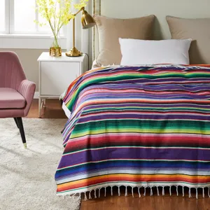 Mexican striped throw blanket ethnic colorful fringe serape picnic beach blanket indoor decor