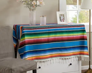 Mexican striped blanket boho table runner beach throw colorful woven textile fringe decor
