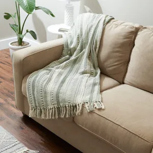 Plaid jacquard Tisse avec franges pour decoration de canape lit vert beige style chaleureux