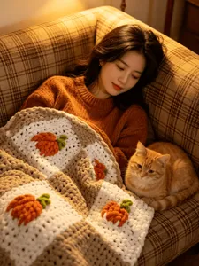Couverture tricotée épaisse fait main avec motif citrouille, jeté douillet en chenille pour canapé.