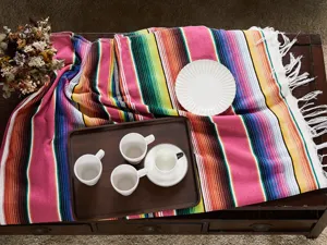 Mexican style striped blanket detail, colorful boho throw blanket for beach, picnic and table runner.