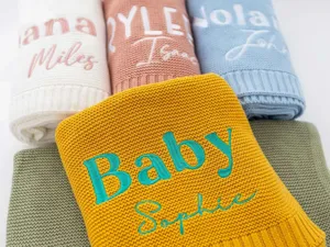 Custom embroidered baby knit blanket, soft cotton newborn blanket for sofa or crib use.