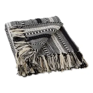 Couverture de jet jacquard tissée noire et blanche avec franges pour canapé et lit