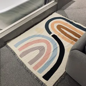 Detailed view of the Nordic minimalist knitted throw blanket with abstract rainbow pattern.