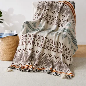 Bohemian Γεωμετρικό Jacquard Πλεκτό Ριχτάρι Καναπέ Με Φούντες Μαλακό Ζεστό Μείγμα Μαλλιού Ακρυλικού Διακόσμηση Σπιτιού