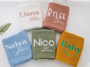 Personalized baby knit blanket custom embroidered name soft cotton throw blanket for kids