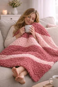 Cozy chunky knit striped blanket detail, soft plush throw for sofa and living room comfort.