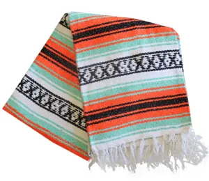 Mexican style woven striped blanket with fringes, ideal for beach, picnic and home decor.