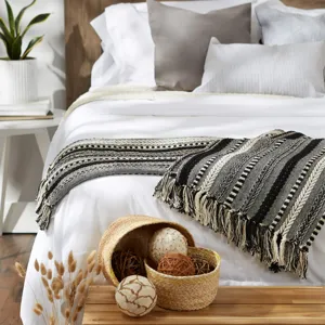 Couverture tissée jacquard à franges, jeté décoratif de style ethnique pour canapé et lit.
