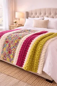 Close-up detail of a cozy color-blocked chunky knit throw blanket in a warm bedroom setting.