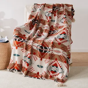 Knitted Jacquard Throw Blanket Tribal Geometric Sofa Blanket Tassels Cozy Home Decor