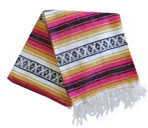 Detailed view of the Mexican style woven blanket featuring geometric stripes and fringe details.