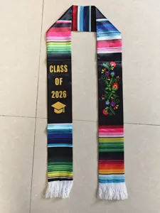 Étole de remise des diplômes mexicaine 2026 écharpe noire rayée colorée brodée florale