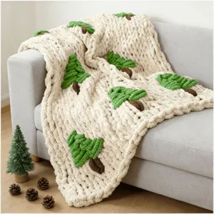 Handmade chunky knit blanket with cute Christmas tree pattern, cozy chenille sofa throw.