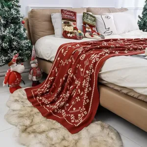Christmas knitted jacquard blanket red holiday throw blanket for sofa bedroom decor