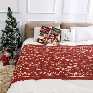 Cozy red Christmas knitted jacquard blanket for sofa and bed, festive winter home decor throw.