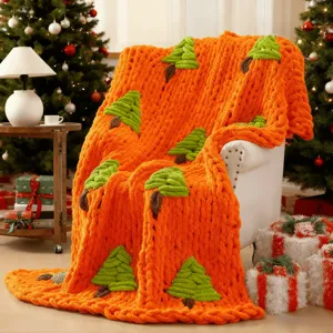 Handmade chunky knit chenille blanket with cute Christmas tree patterns for winter cozy decor sofa throw.