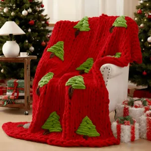 Chunky knit Christmas tree blanket red chenille throw sofa blanket for holiday home decor