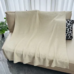Beige half-side velvet plush throw blanket, soft fuzzy knit blanket for sofa couch cozy winter warm
